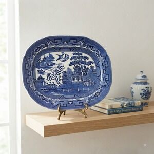 Allertons Blue Willow Transferware Platter Vintage England Cobalt Blue Oval 13in